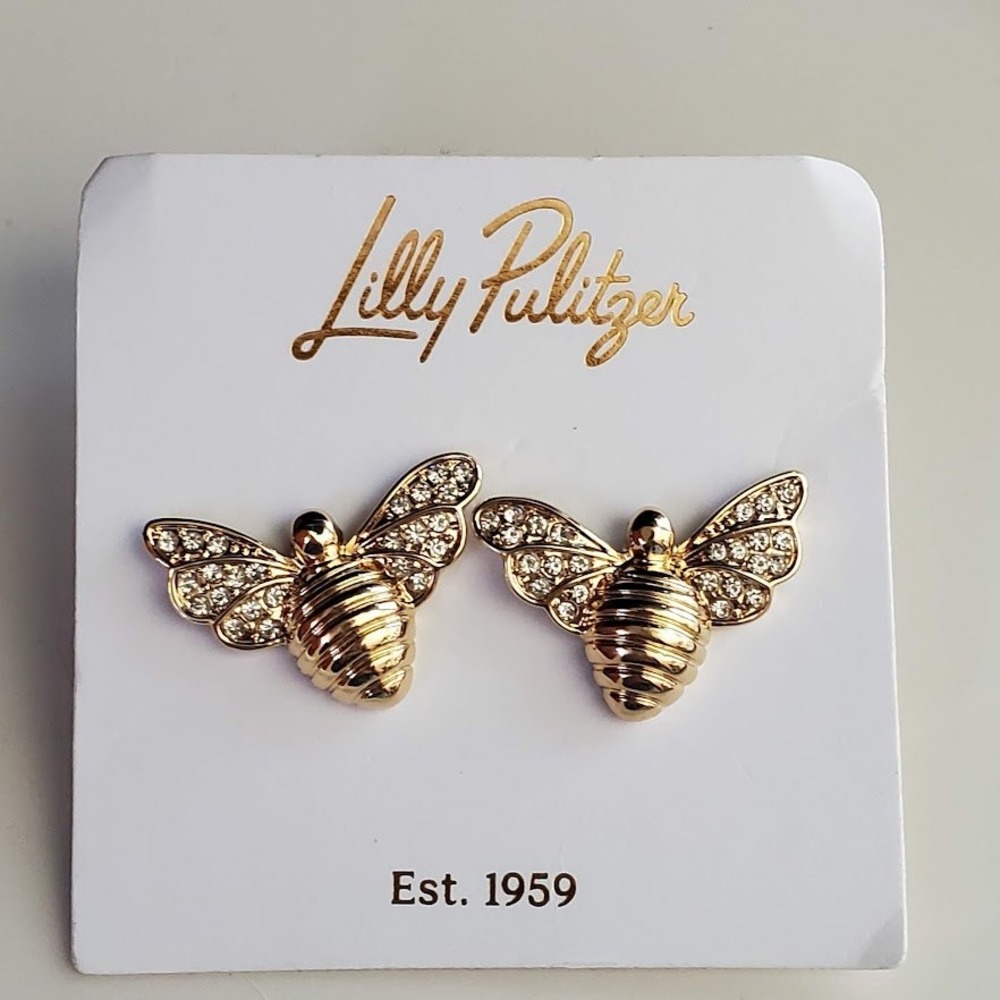 Lilly Pulitzer Bee Beeutiful Gold Plate Pave Crystal Bee Stud Earrings Tropical